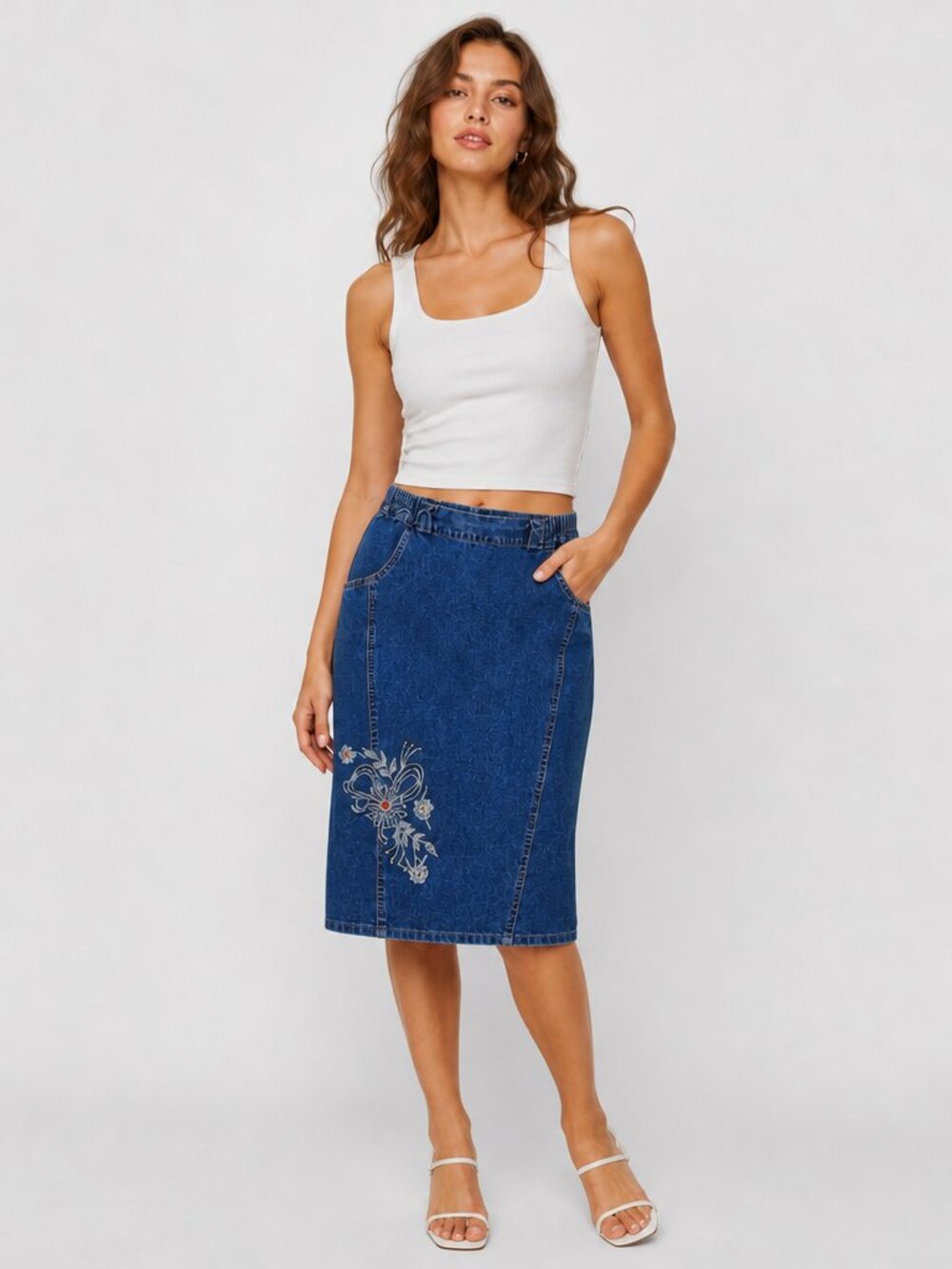 Vintage Y2K Embroidered Beaded Denim Midi Skirt M Boho Cottagecore Glam Retro